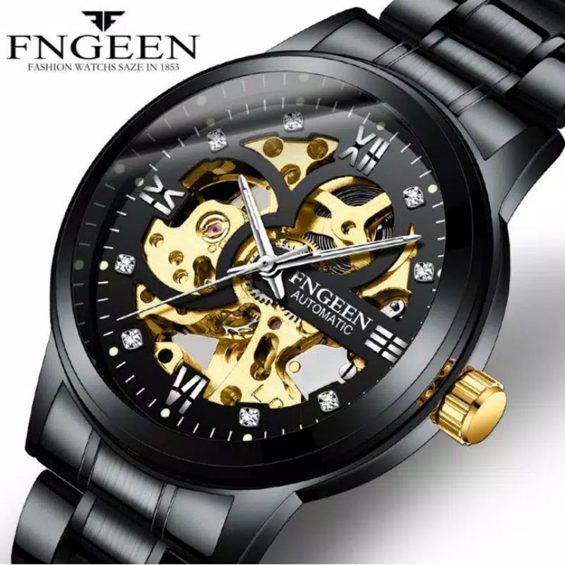 COD FNGEEN Jam Tangan Pria Mekanik Skeleton Bisnis Bahn Stainless Steel