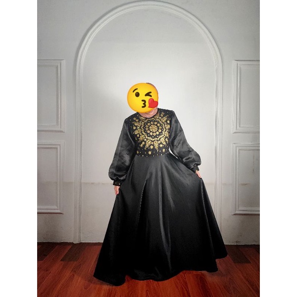 Saroja (490) Gamis Syar'i Maxmara Lux Super Ngeklok Lengan Balon Organza Motif Matahari  | SJ Fashion