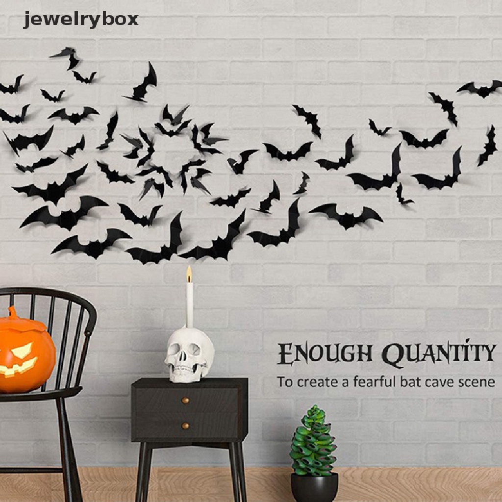 28 Pcs Stiker Dinding 3D Desain Kelelawar Warna Hitam Bahan PVC Untuk Dekorasi Halloween