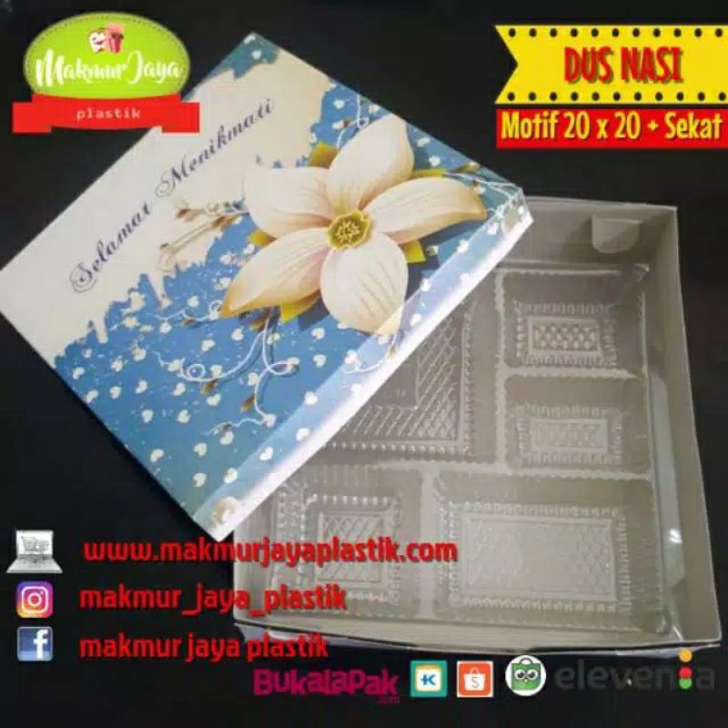 

[ DUS BOX DNM 20' + BUNGA BIRU ISI 10 PCS ] BOX NASI MOTIF UKURAN 20 X 20 DENGAN MIKA SEKAT DALAM