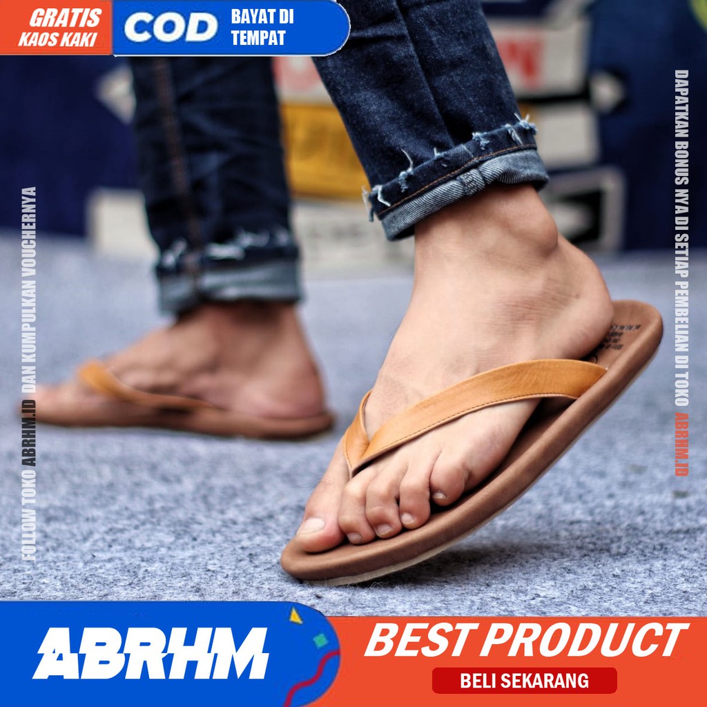 ABRHM x WALET Sandal Jepit Pria Sandal Pria Kulit Asli Sendal Jepit Cowok / Cowo Keren Kekinian Ori