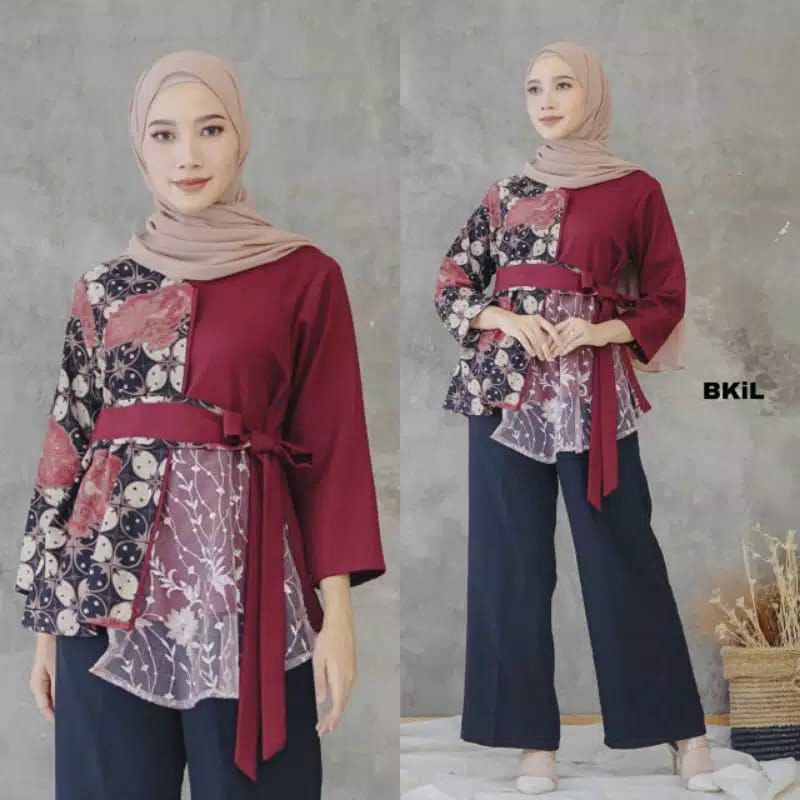 tey-17 Batik wanita ASJ SA HRB026 Kenongo Kemeja Tosca Pendek-Tile Maroon