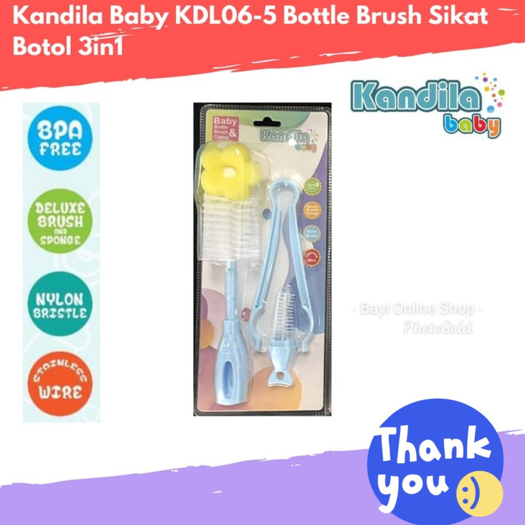 Sikat Botol Penjepit Botol Sikat Dot Empeng Bayi Kandila Baby KDL06-5 Bottle Brush 3in1- Bayi Online