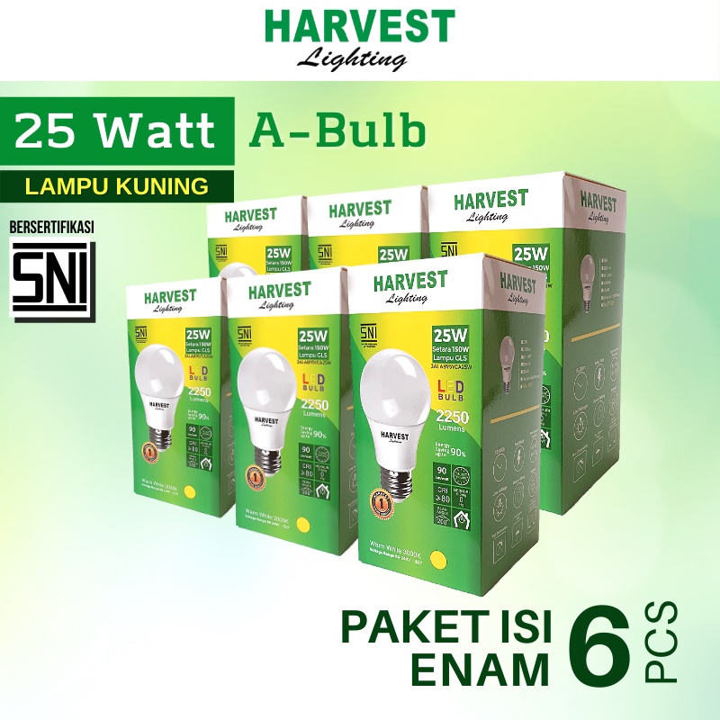 25W - Paket Isi 6 - HARVEST LIGHTING Lampu Bohlam LED A Bulb  25 Watt Lampu Hemat Energi Original Bersertifikasi SNI dan Bergaransi