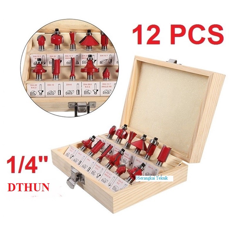 Mata Profil Set 12pcs Trimmer Router Bits Set 1/4” Kayu Router DTHUN