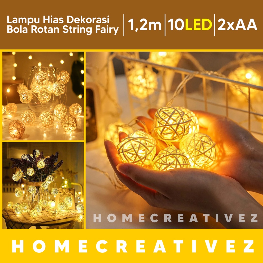 Homecreativez Lampu Hias Dekorasi Bola Rotan String Fairy Lampu HIas Bulat Kamar Hiasan