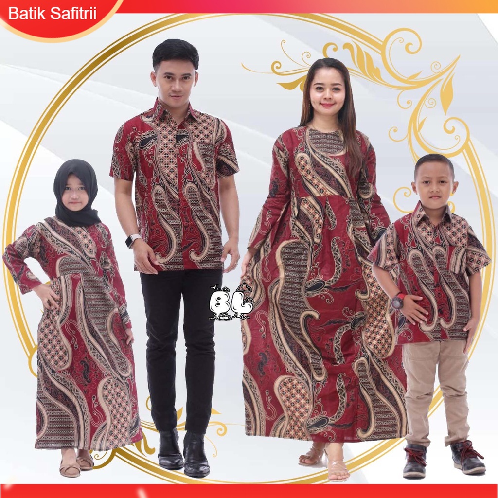 Couple Keluarga - Batik Keluarga Hijab - Ibu Bapak Anak - Motif Engkol Merah - Dress Tunik Blus Hem 
