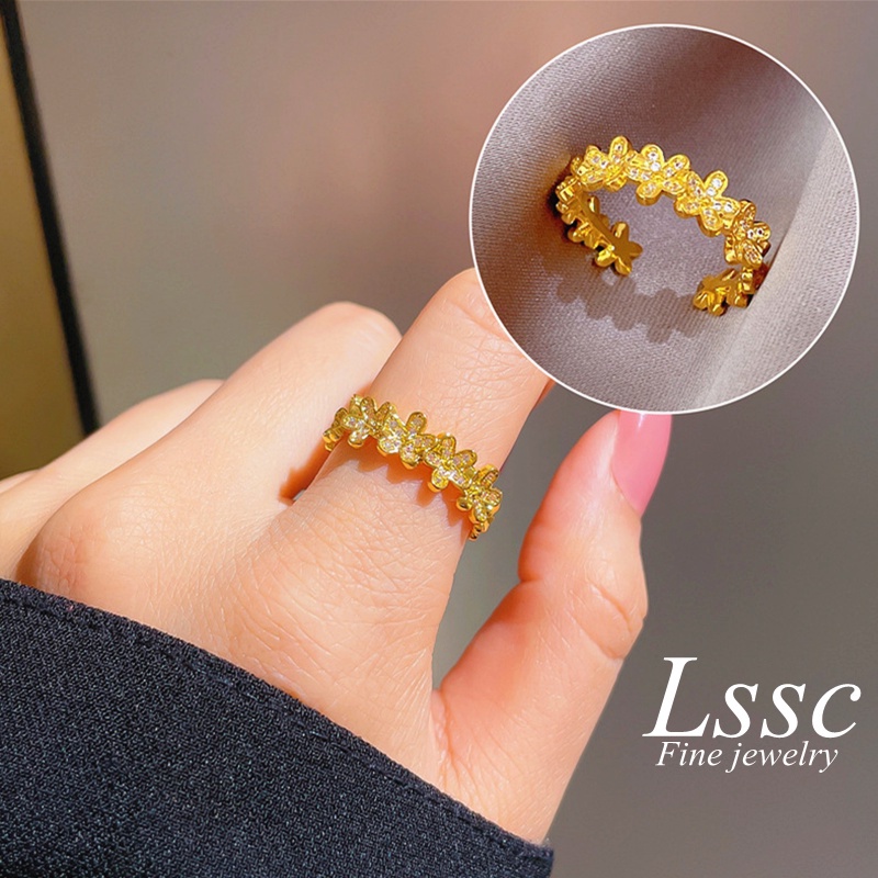 Cincin Titanium Wanita (Terbuka) Bunga Daisy Berlian Lapis Emas 18K Cantik Perhiasan Korea