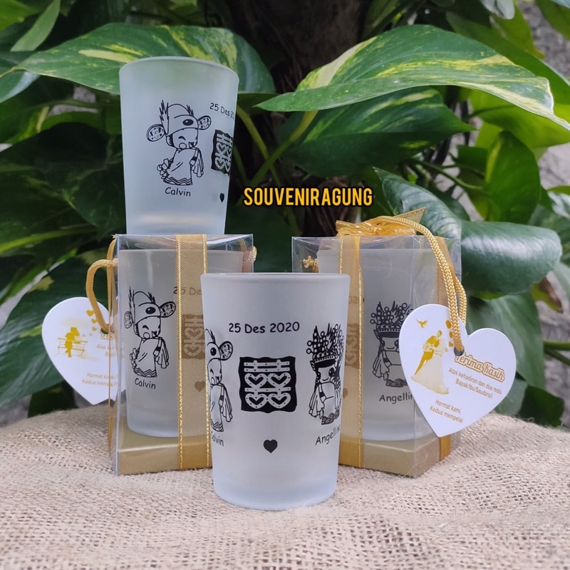Souvenir gelas jamu sloki custom sablon wedding logo