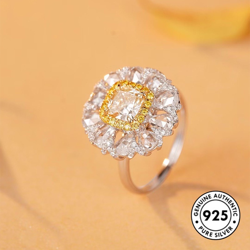 Cincin Sterling Silver 925 Model Bunga Dengan Berlian Kuning Mewah Untuk Wanita