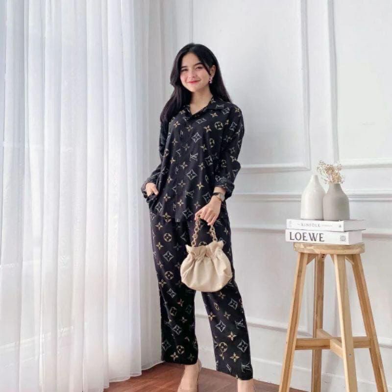 One set Rayon Premium Setelan Piyama Motif Terbaru-Lv Black Set