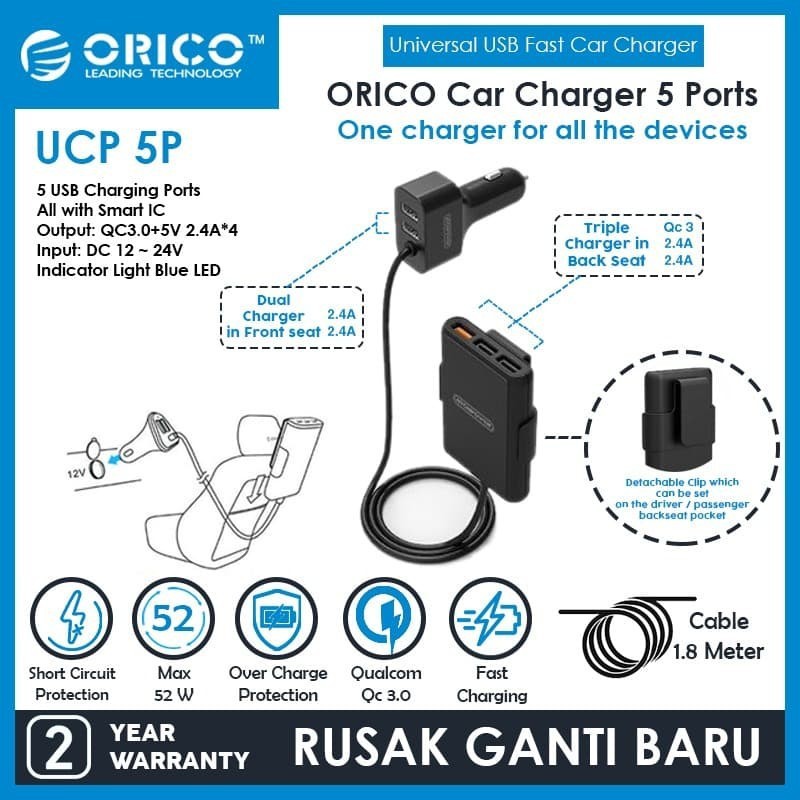 ORICO UCP-5P 52W 5 Port with Extension Cord Car Charger