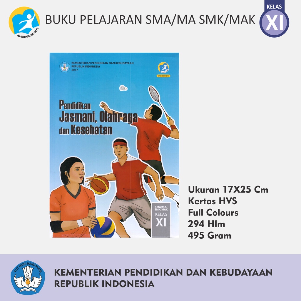 Buku Pelajaran Tingkat SMA MA MAK SMK Kelas XI Bahasa Indonesia Inggris Matematika Penjaskes Seni Budaya PPKn Kemendikbud-XI PENJASKES