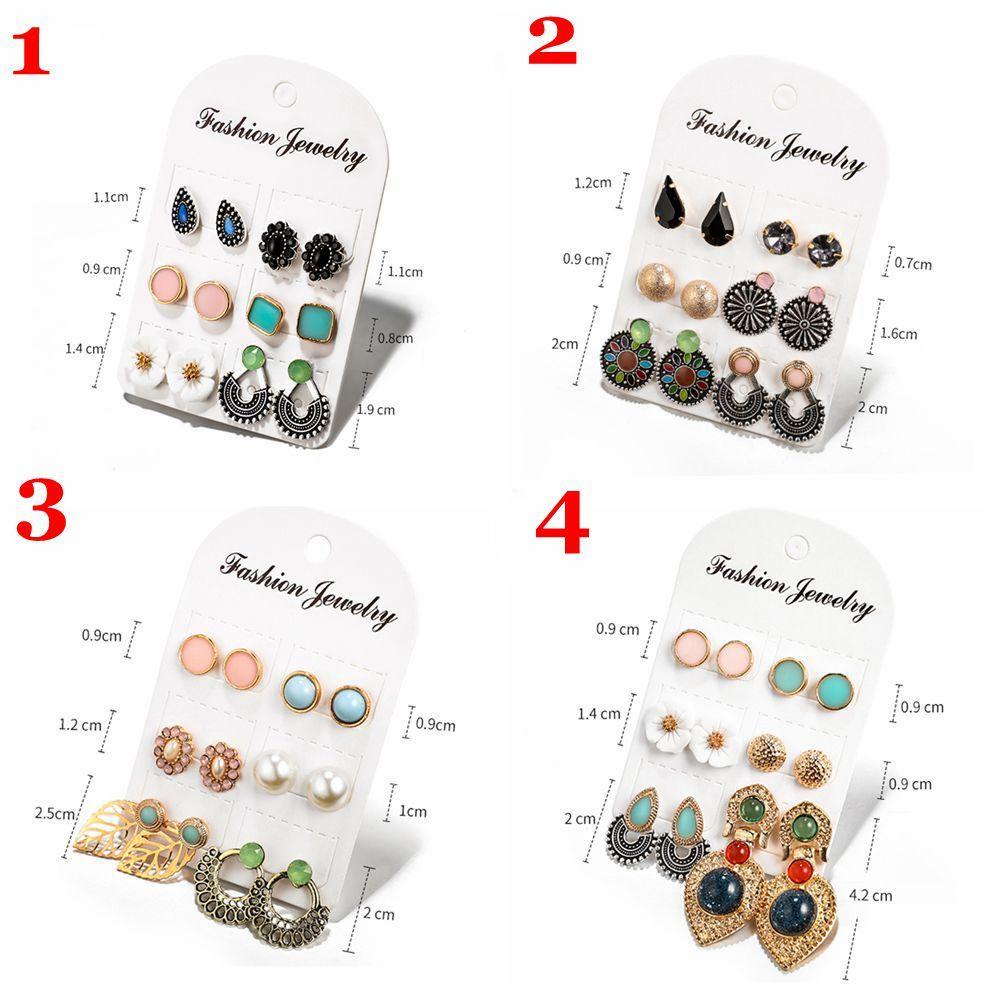 R-flower 6pasang/1set Set Anting Bunga Retro Drop-Berbentuk Berlian Imitasi Berongga Keluar Daun