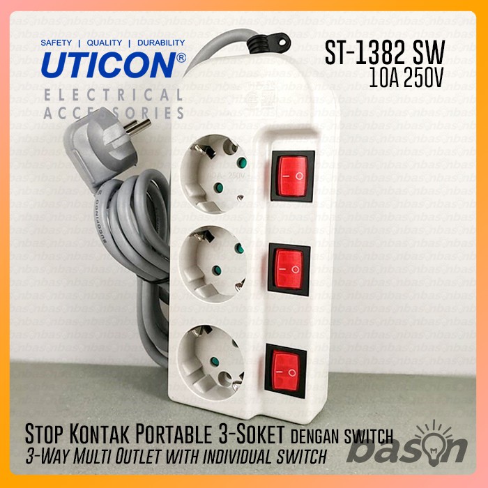 UTICON ST1382SW Power Extension - Stop Kontak 3Lubang 1.5 Meter dengan individual switch