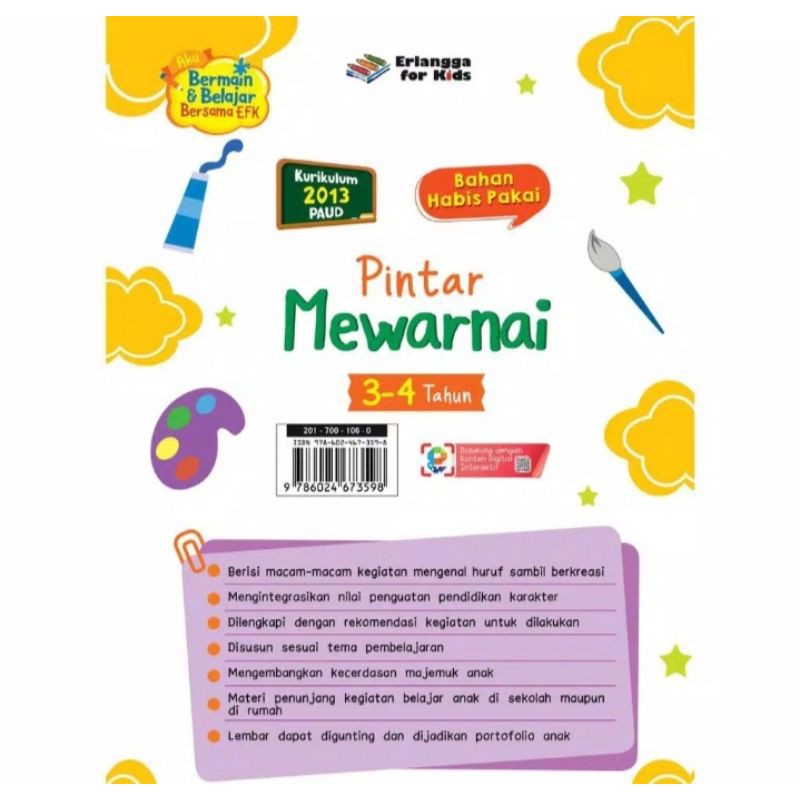 ORI bahan habis pakai pintar mewarnai usia 3 sampai 4 tahun penerbit Erlangga for kids
