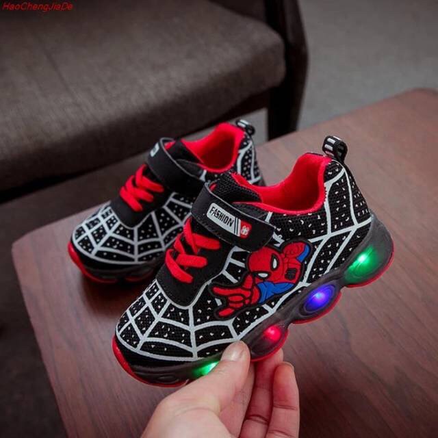 Qeede_Store SEPATU ANAK LAKI-LAKI SNEAKER SPIDER LABA-LABA LAMPU LED SIZE 21-36 USIA 1-9 TAHUN