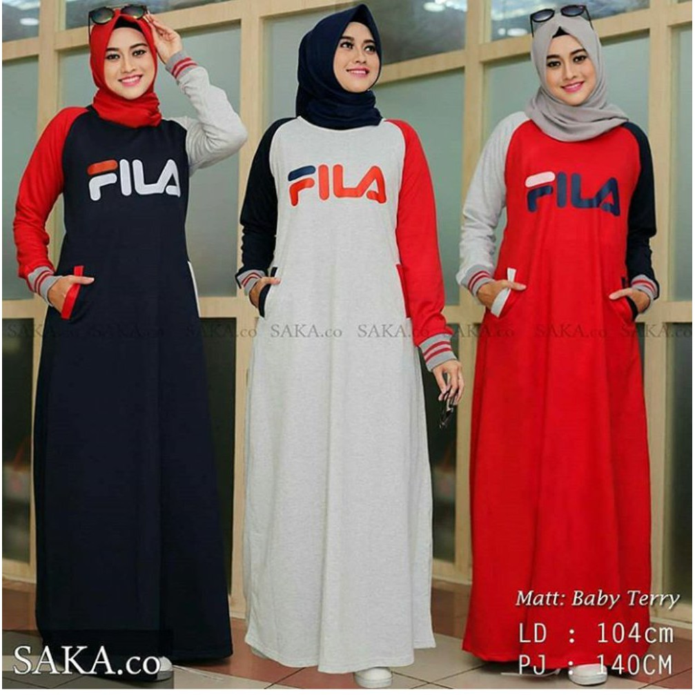 TERLARIS fila maxi dress gamis kaos spandek adem busana sporty hijabers muslim wanita baju bahan ka