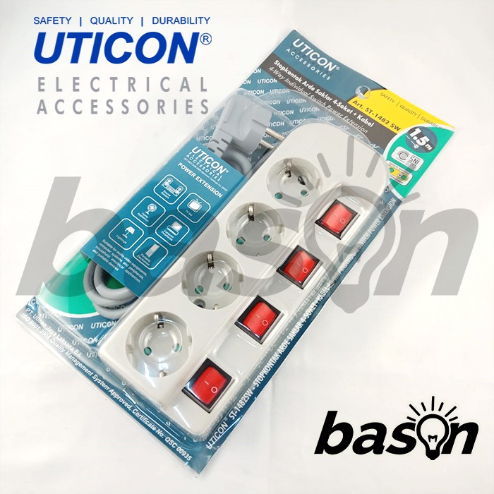 UTICON ST1482SW Power Extension - Stop Kontak 4Lubang 1.5Meter Arde dengan individual switch