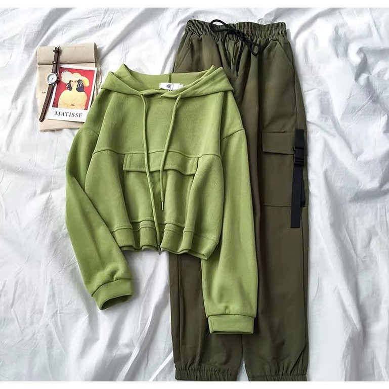 Chava Set Stelan Olahraga Viral Kekinian Warna Hijau Army Baju Sweater Celana Panjang Cargo Outer Ou