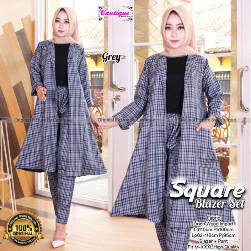 Square Blazer Set Pakaian Wanita Setelan Blazer + Pant Fab Linen Wood Import High Quality