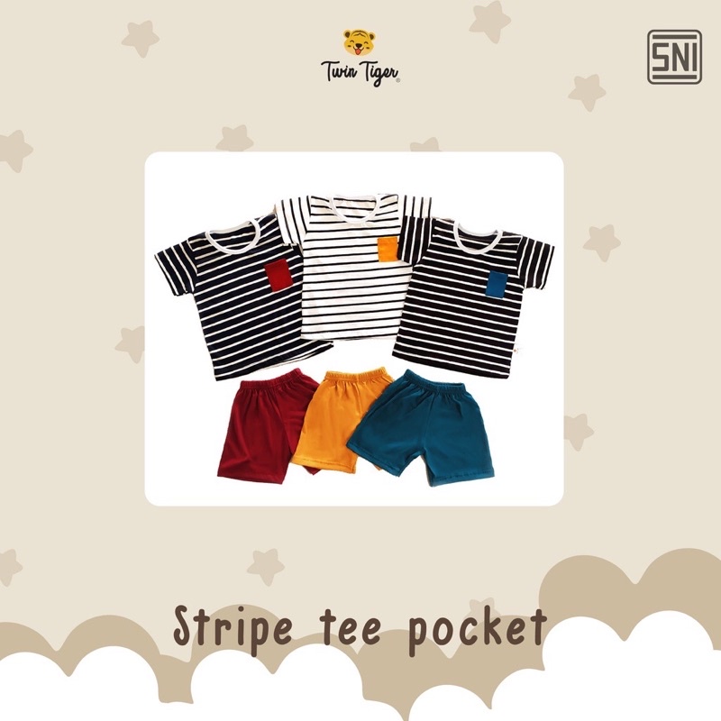 Twin Tiger Baby Setelan Kaos Anak Stripe Tee Pocket &amp; SHort