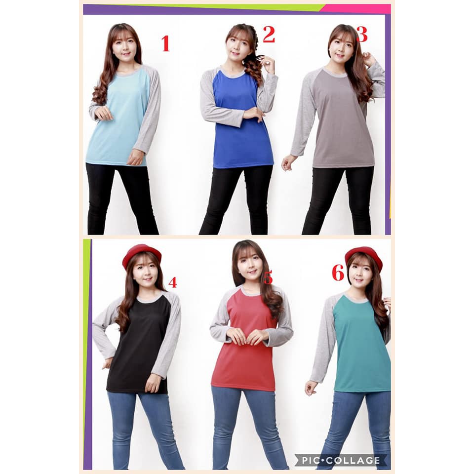 Kaos Raglan wanita lengan panjang / kaos reglan merah, biru, hitam, hijau, abu / raglan wanita