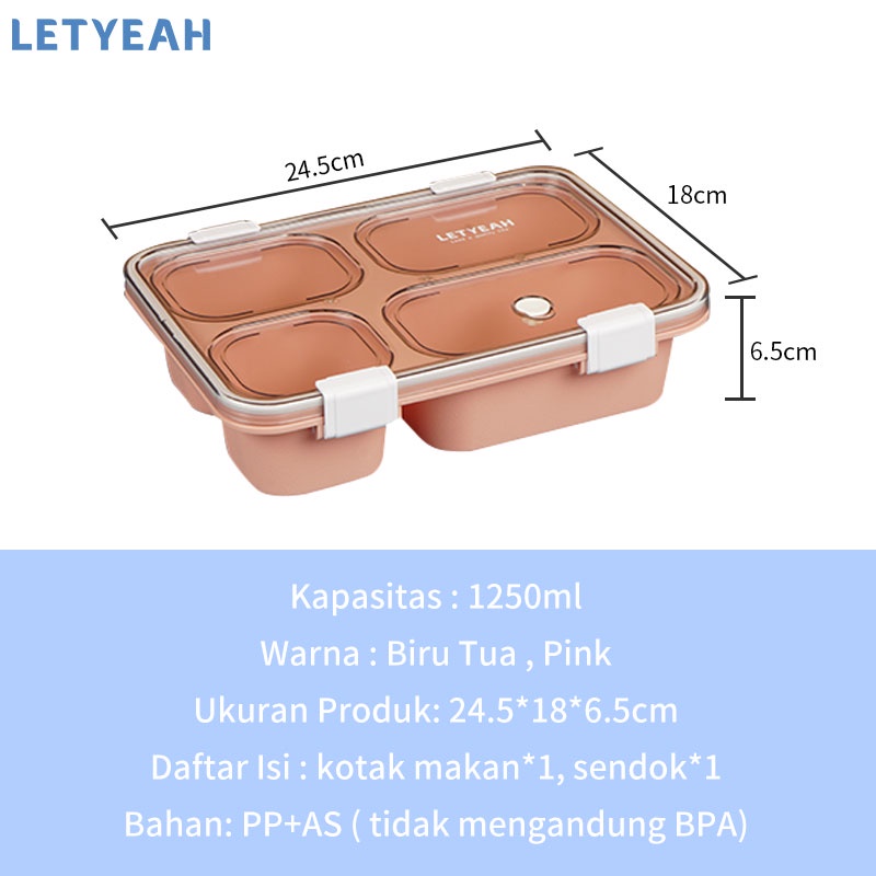 letyeah Lunch box 4 grid 1250ml/ Kotak makan anti tumpah/ Free sendok