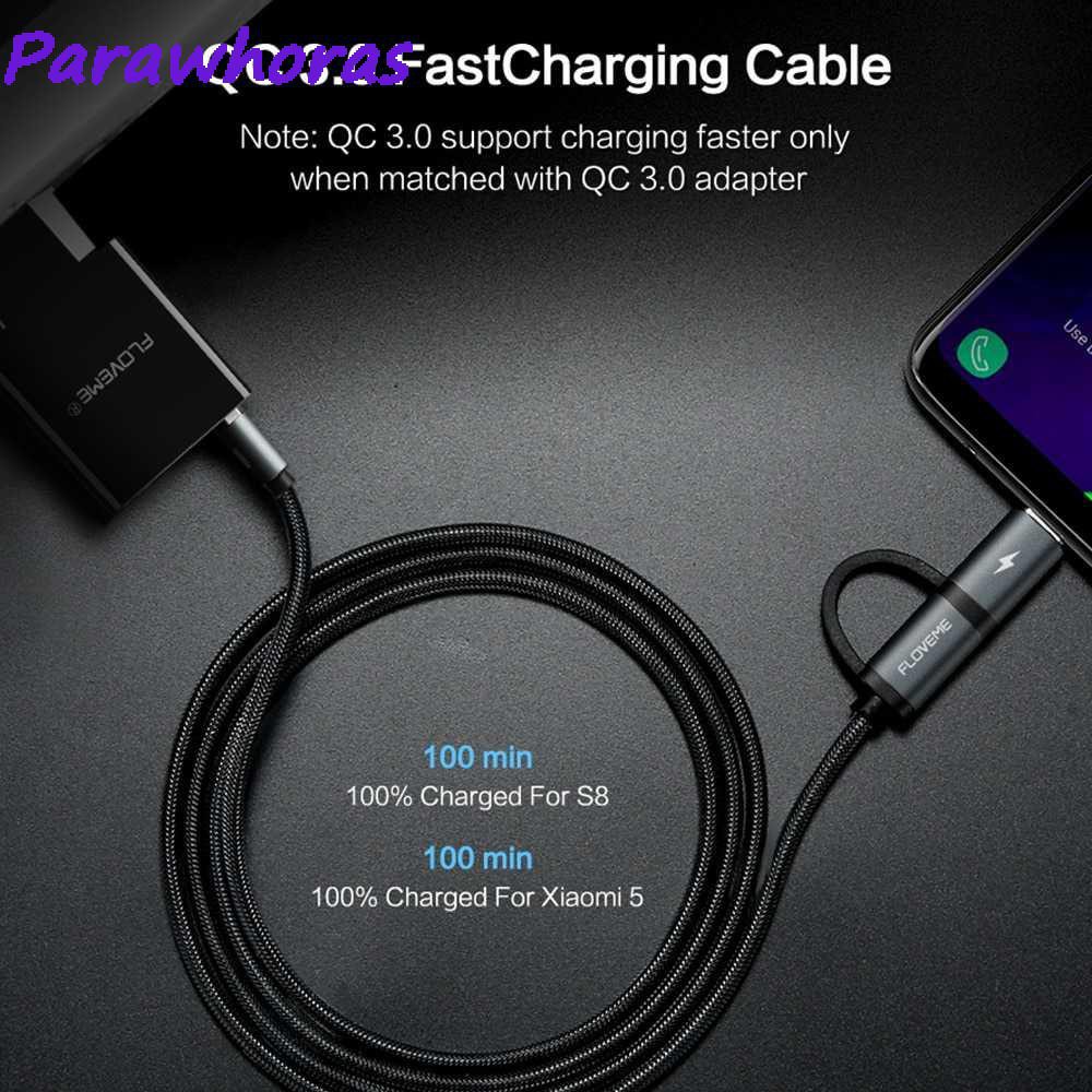 Kabel Charger 2 in 1 Micro USB+USB Type C QC3.0 2.8A cas 80cm P9 gray Floveme Grab Medan