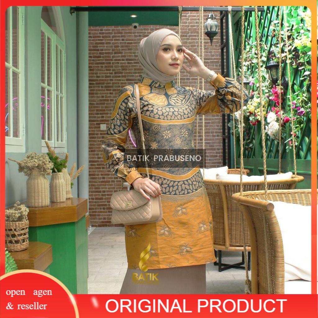 Batik Prabuseno - LILI KUNING Tunik Batik Wanita Lengan Panjang Baju Atasan Batik Wanita Terbaru Bah