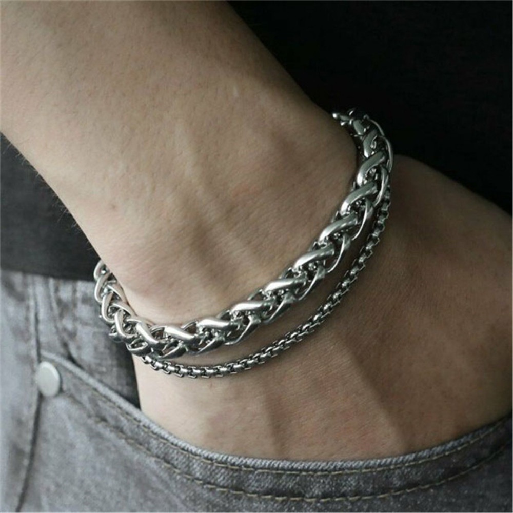 Gelang Rantai Bahan Titanium Stainless Steel Model Double Layer Gaya Punk hip Hop Untuk Pria