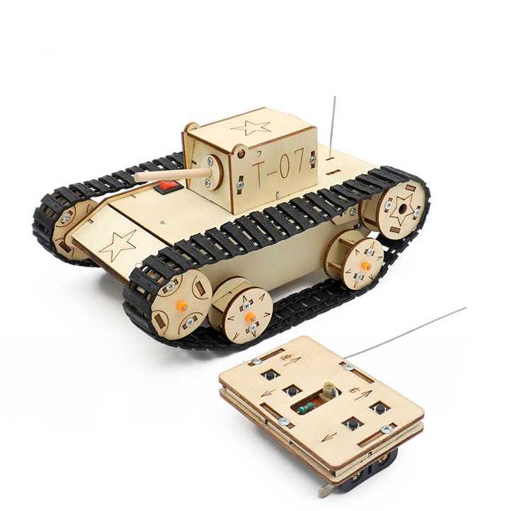 Mainan RC Anak Tank Baja Remote Control DIY Kayu Assembly Children Toy Remot Kontrol