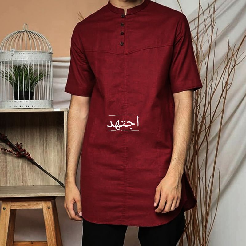 (FREE PARFUM)Kurta polos SLIMFIT tangan pendek bahan katun Madinah Fodu brand &quot;IJTIHAD&quot;