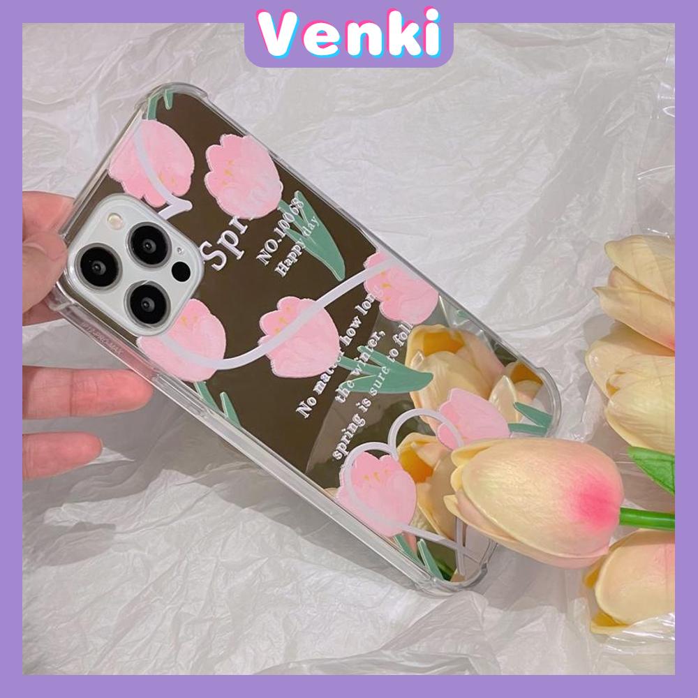 iPhone Case Acrylic Reflective Mirror Airbag Shockproof Protection Camera Pink Tulip Flower Compatible with iPhone 11 iPhone 13 Pro Max iPhone 12 Pro Max iPhone 7 Plus iPhone xr