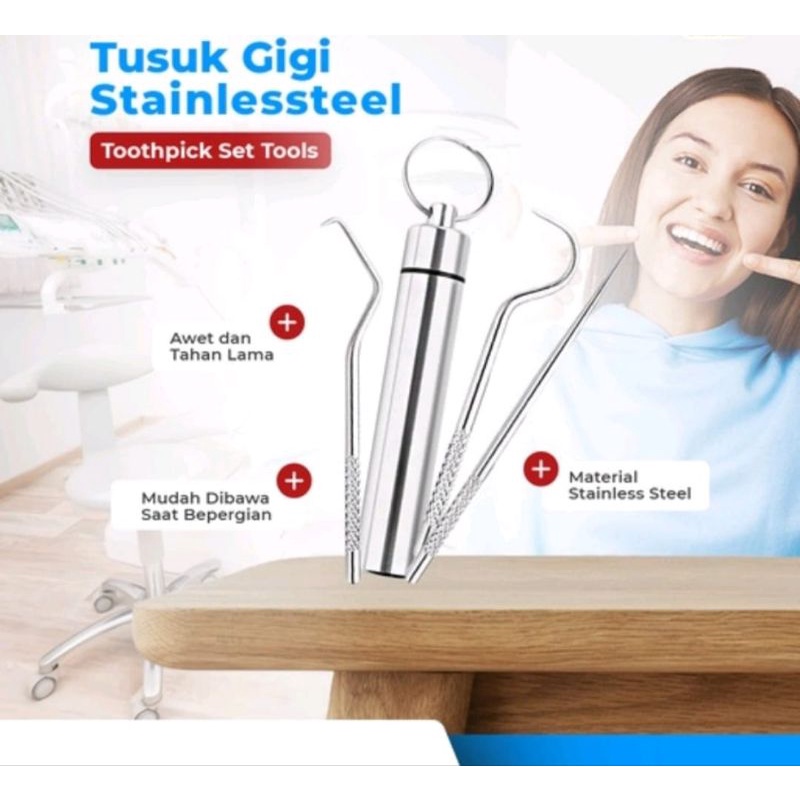 Tusuk Gigi Stainless Set 3 Pcs Alat Pembersih Gigi