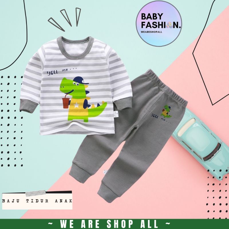 baju tidur anak motif garis garis dino grey bahan adem premium katun