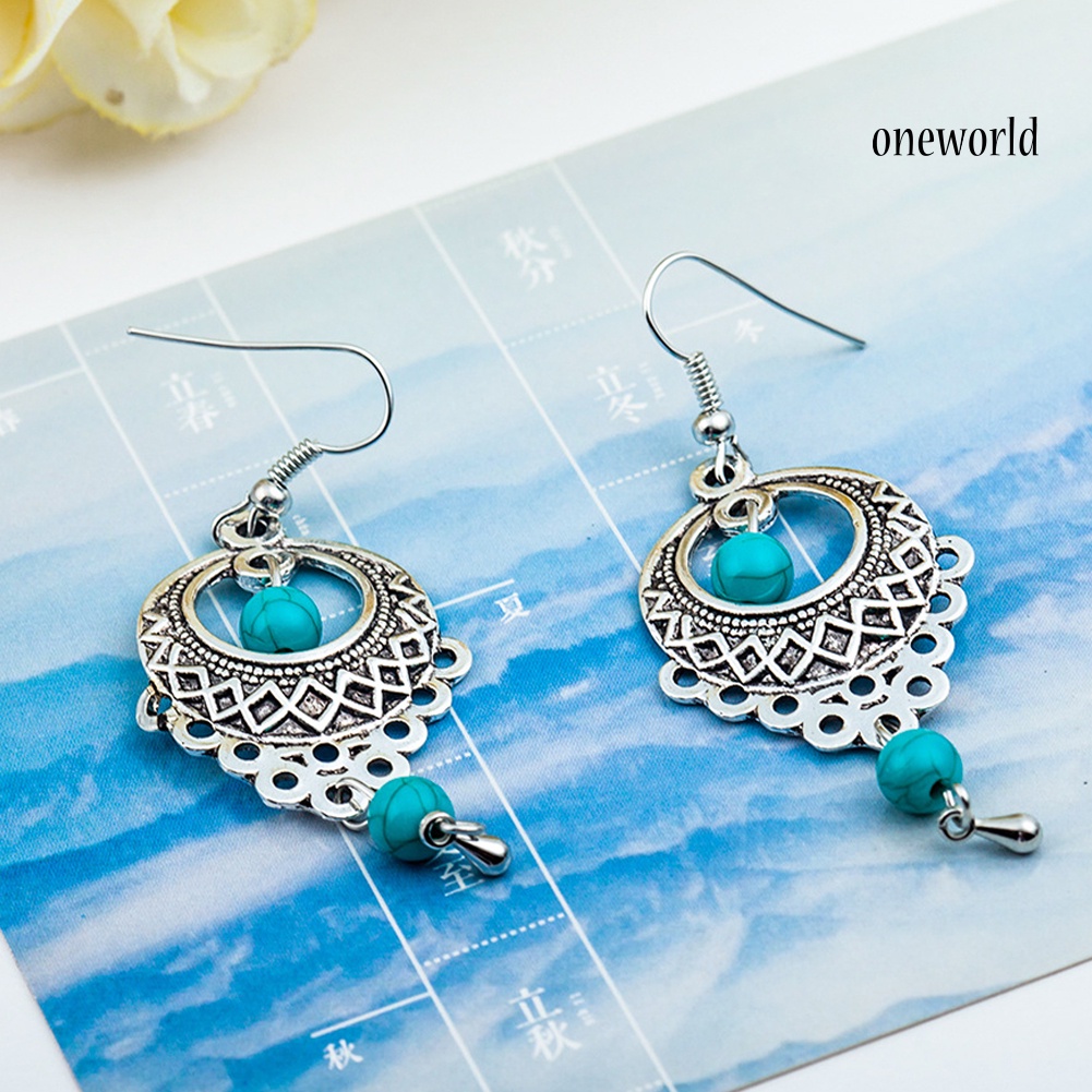 OW@ Boho Women Turquoise Bead Dangle Hollow Charm Hook Earrings Wedding Jewelry