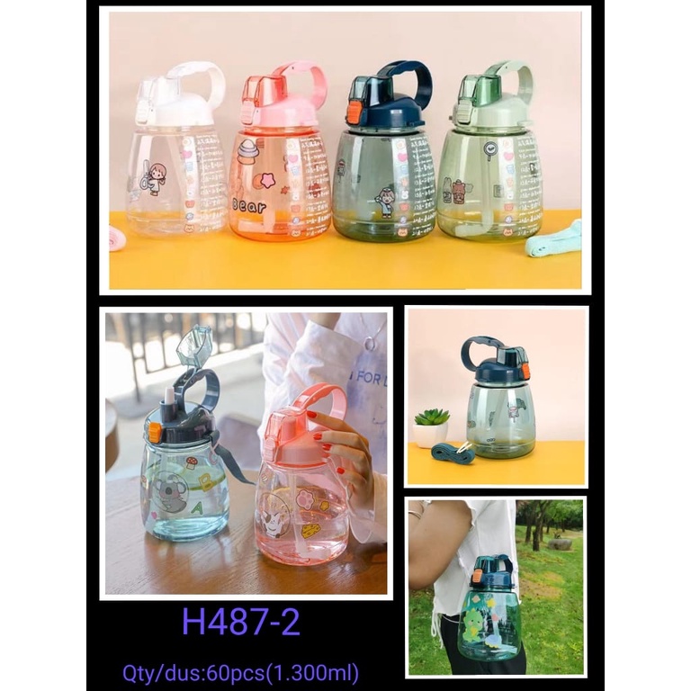 H487-2 Botol Minum Anak 1300ml Big Belly Cup Handle Children''s Cup Bottle + DIY Sticker dan Tali Kapasitas Besar