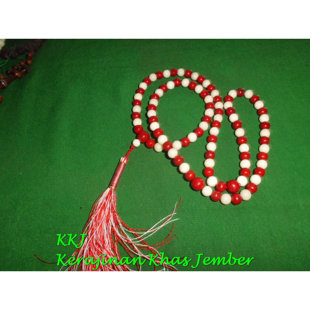 Tasbih Merah Putih TULANG SAPI vs BATU MARJAN RED CORAL 99 biji 7 mm