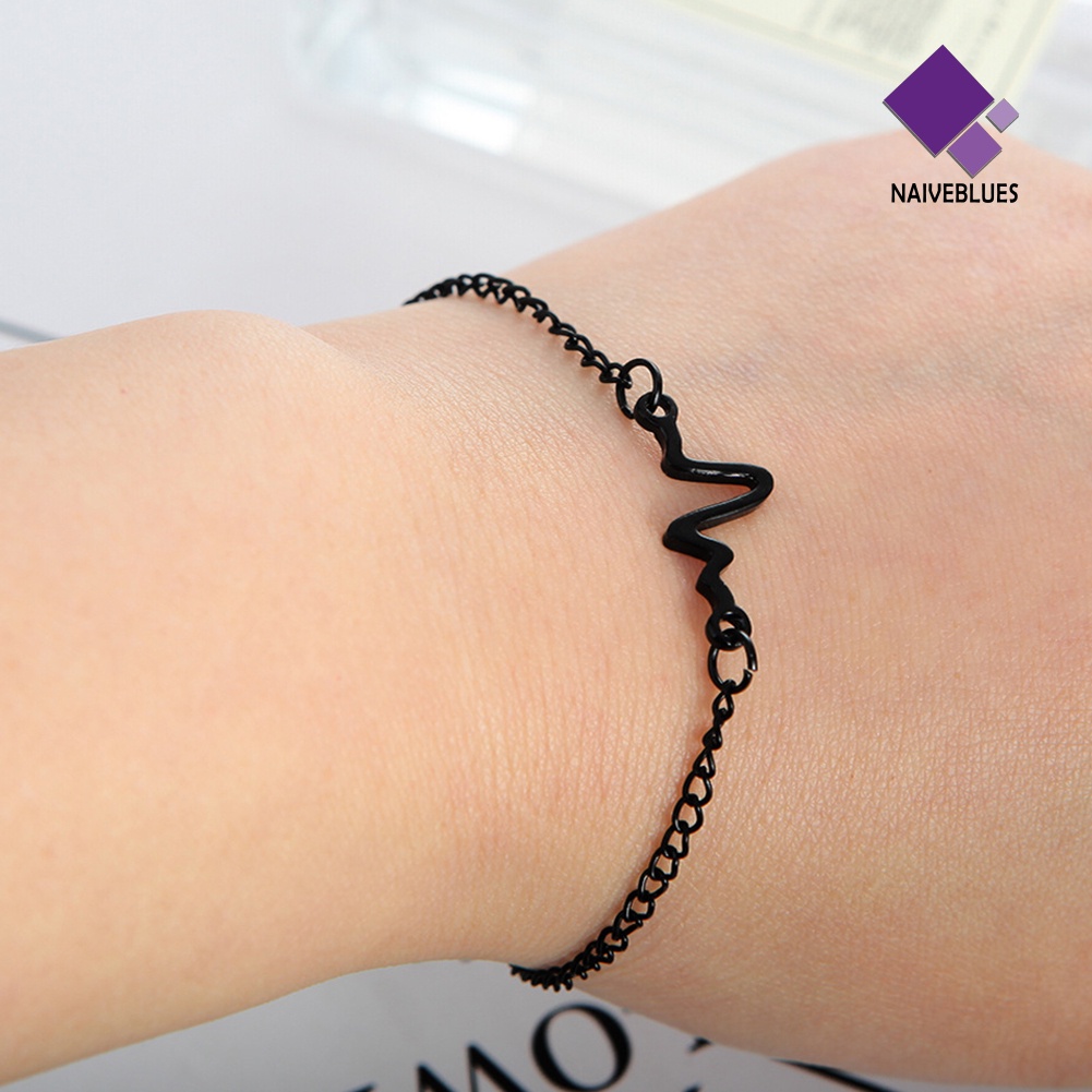 Naiveblue &gt; Gelang Tangan Rantai Adjustable Motif Elektrokardiogram Untuk Pasangan / Pria / Wanita