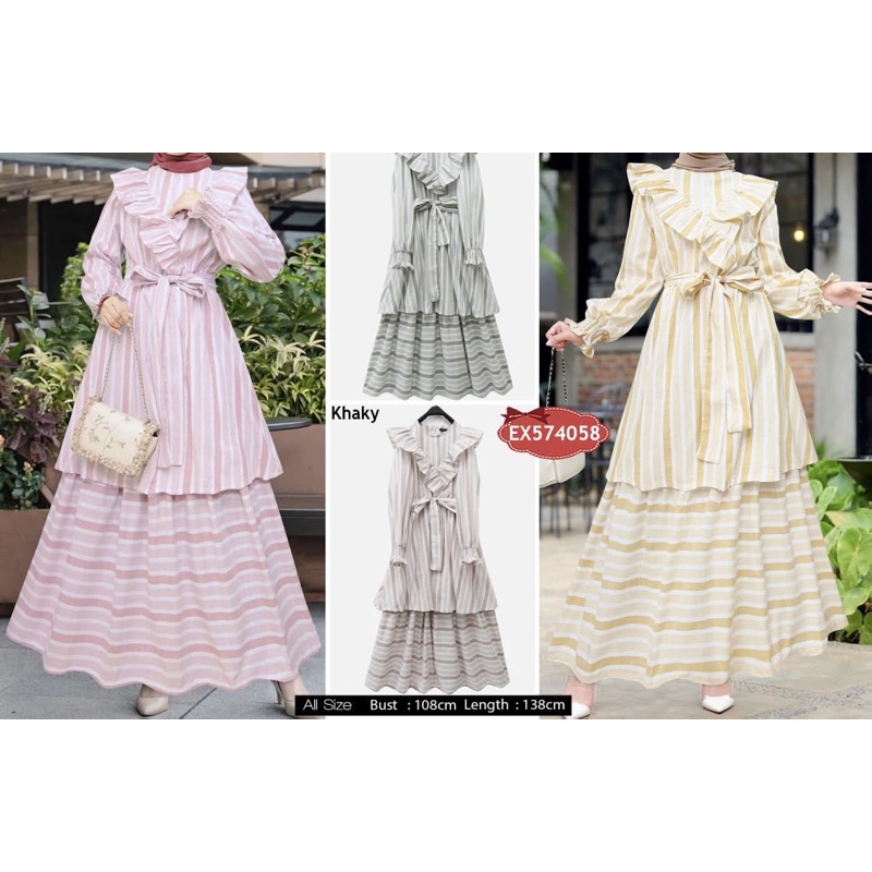 [ Nitaranz ] Gamis Mewah Pesta Motif Salur EXTU Fashion / Gamis Susun Katun Ruffle Dress Kekinian (S
