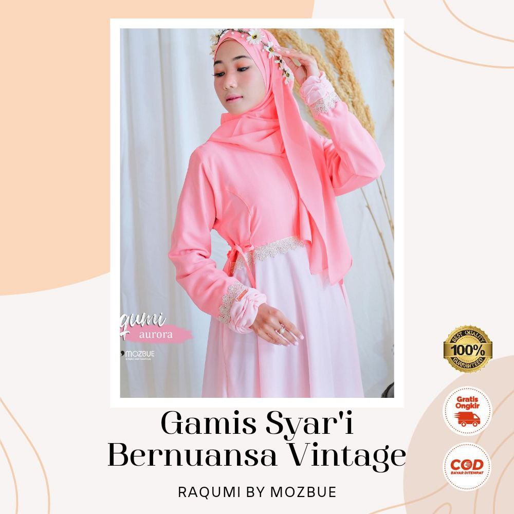 Gamis Syari Raqumi Mozbue Long Dress Pakaian Baju Muslim Wanita Dewasa Bahan Diamond Crepe - Aizzah 
