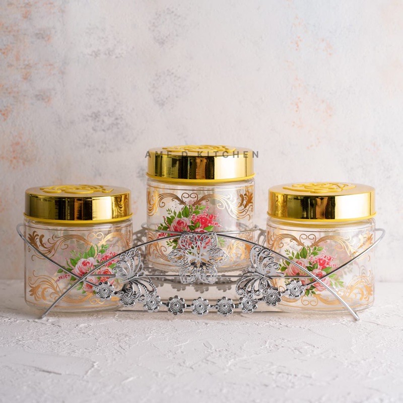 Toples set lebaran kaca isi 3 pink tutup bunga kuning + rak stenlis S 2014 crystal indo