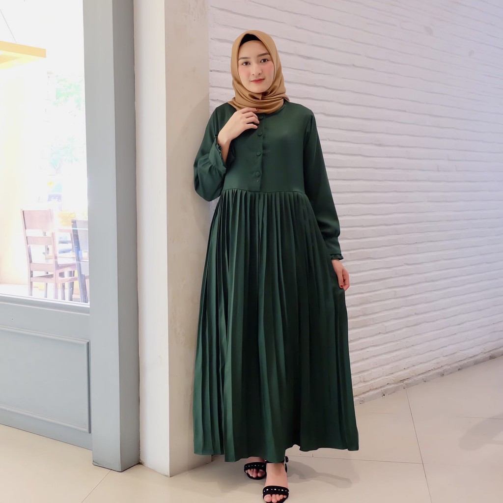 Gamis Emilia hijau botol Gamis syari busana muslim fashion muslim dress wanita baju wanita