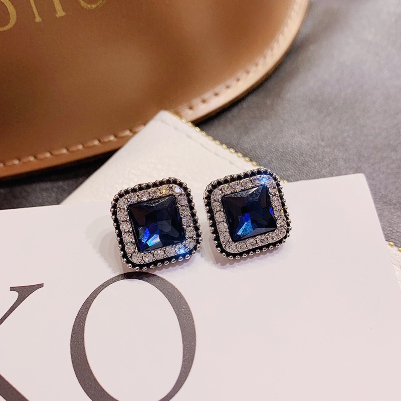 Anting Stud 925 Silver Needle Bentuk Persegi Aksen Berlian Imitasi Warna Biru Gaya Korea