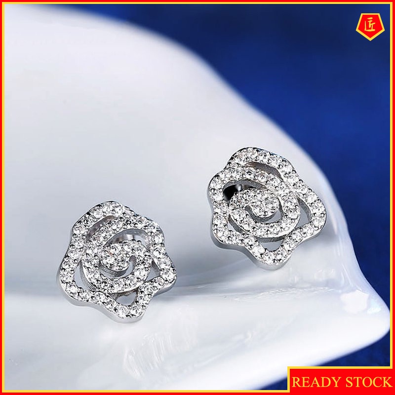 [Ready Stock]925 Silver Rose Diamond Stud Earrings Graceful Fashionable