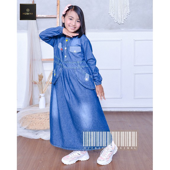 Dress / Gaun Panjang Gamis Maxi Jeans Anak Perempuan untuk umur 2thn - 10 thn original by HIZBIYA