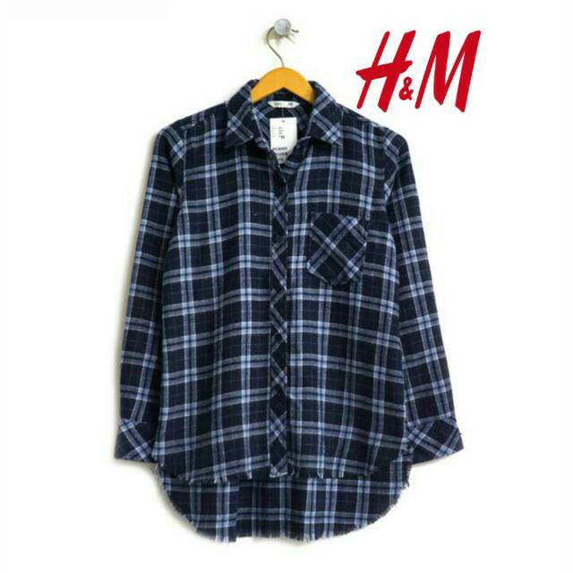  H M  flanel navy kemeja wanita Hnm basic shirt longsleeve 