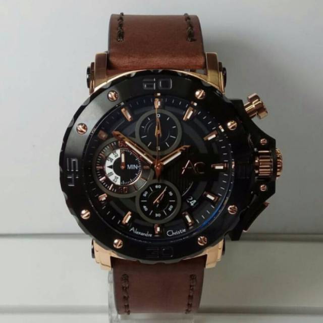 Alexandre christie Collection original ac9205 case hitam rosegold tali kulit coklat