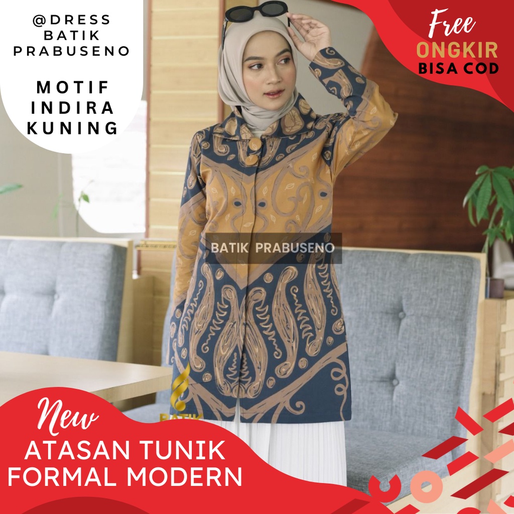 Batik Prabuseno Tunik Atasan Baju Wanita Lengan Panjang Motif INDIRA KUNING Kemeja Kerja Kantoran Blazer Modern Original Katun Premium Dress Seragam Formal Couple Kondangan Model Terbaru Pakaian Muslimah Dewasa Hijab Eksklusif Kekinian Aceh Sumatera Barat